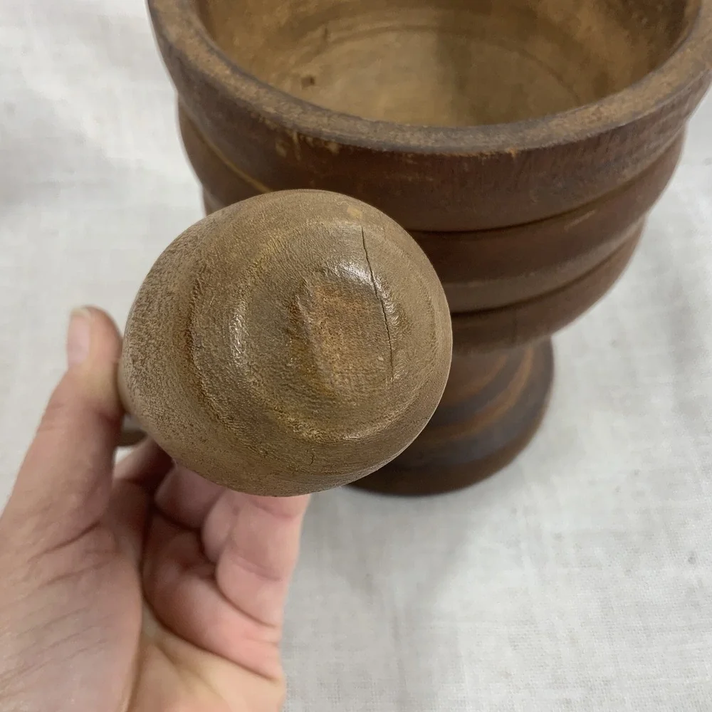 Large Vintage Wooden Mortar And Pestle Hand Turned Primitive Cottage Farmhouse